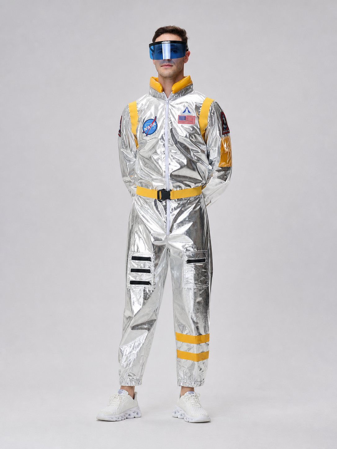 Space jumpsuit with visor, patches, and belt