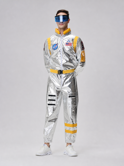 Space jumpsuit with visor, patches, and belt