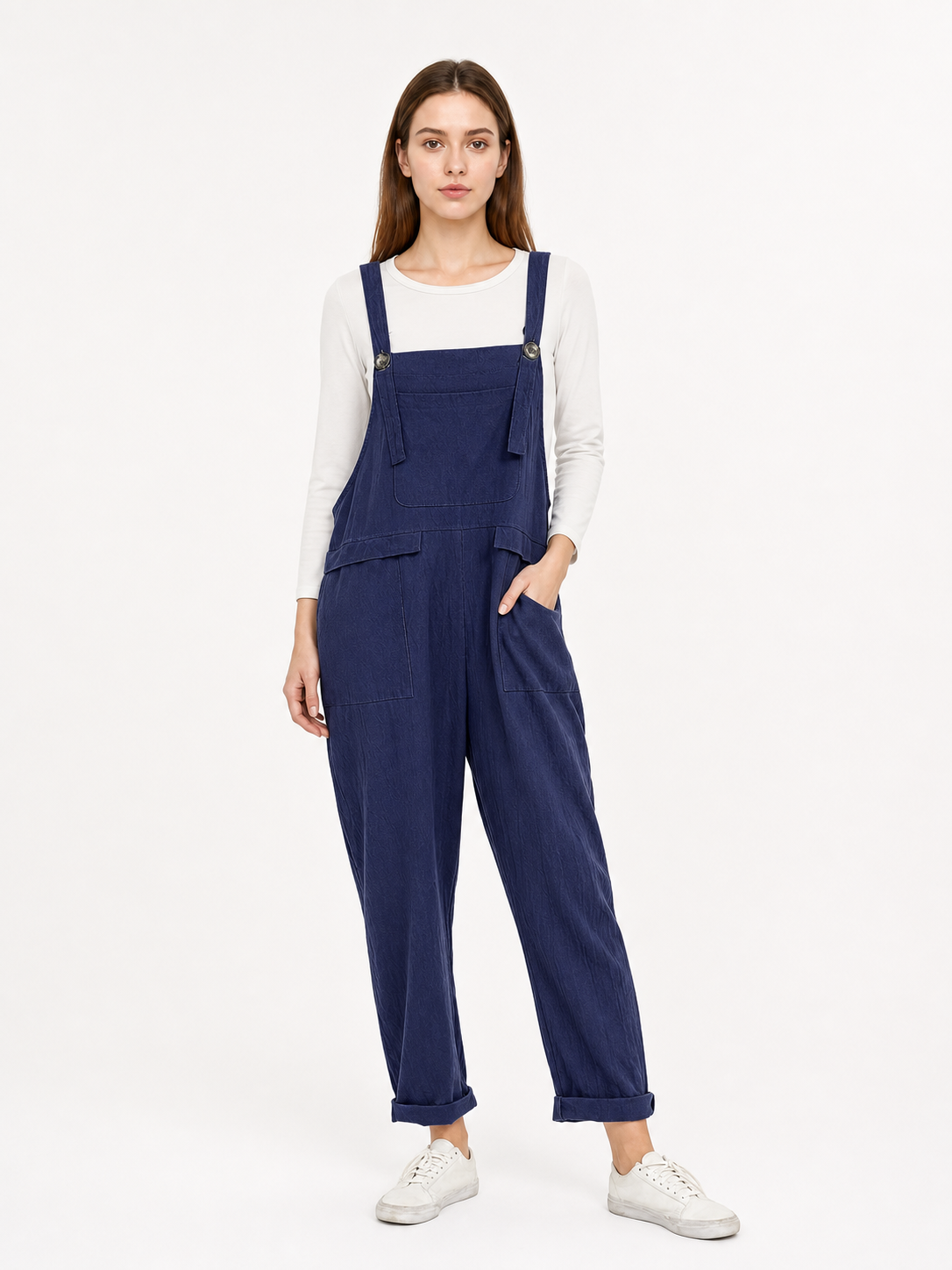 Loose-fit dark navy bib overalls with straps and pockets