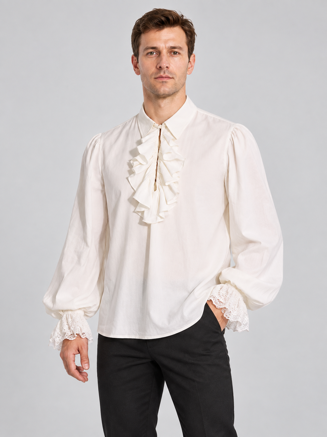 White Renaissance-Style Shirt with Jabot and Lace