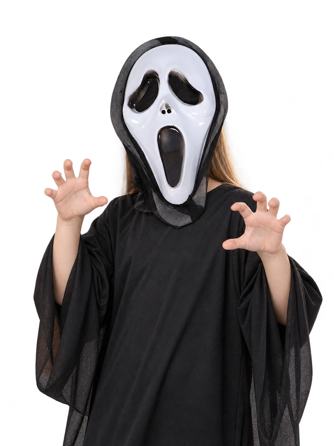 White Halloween Mask with Black Mesh Cape