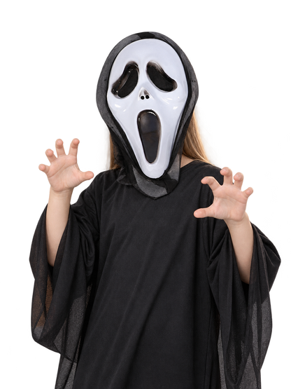 White Halloween Mask with Black Mesh Cape