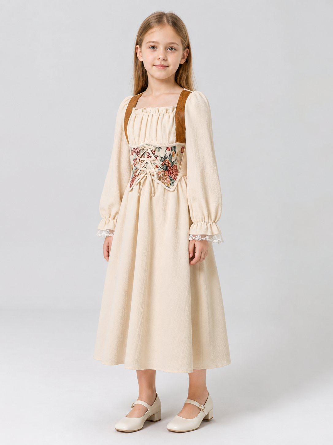 Girls’ Dress with Corset Panel and Puff Sleeves product detail