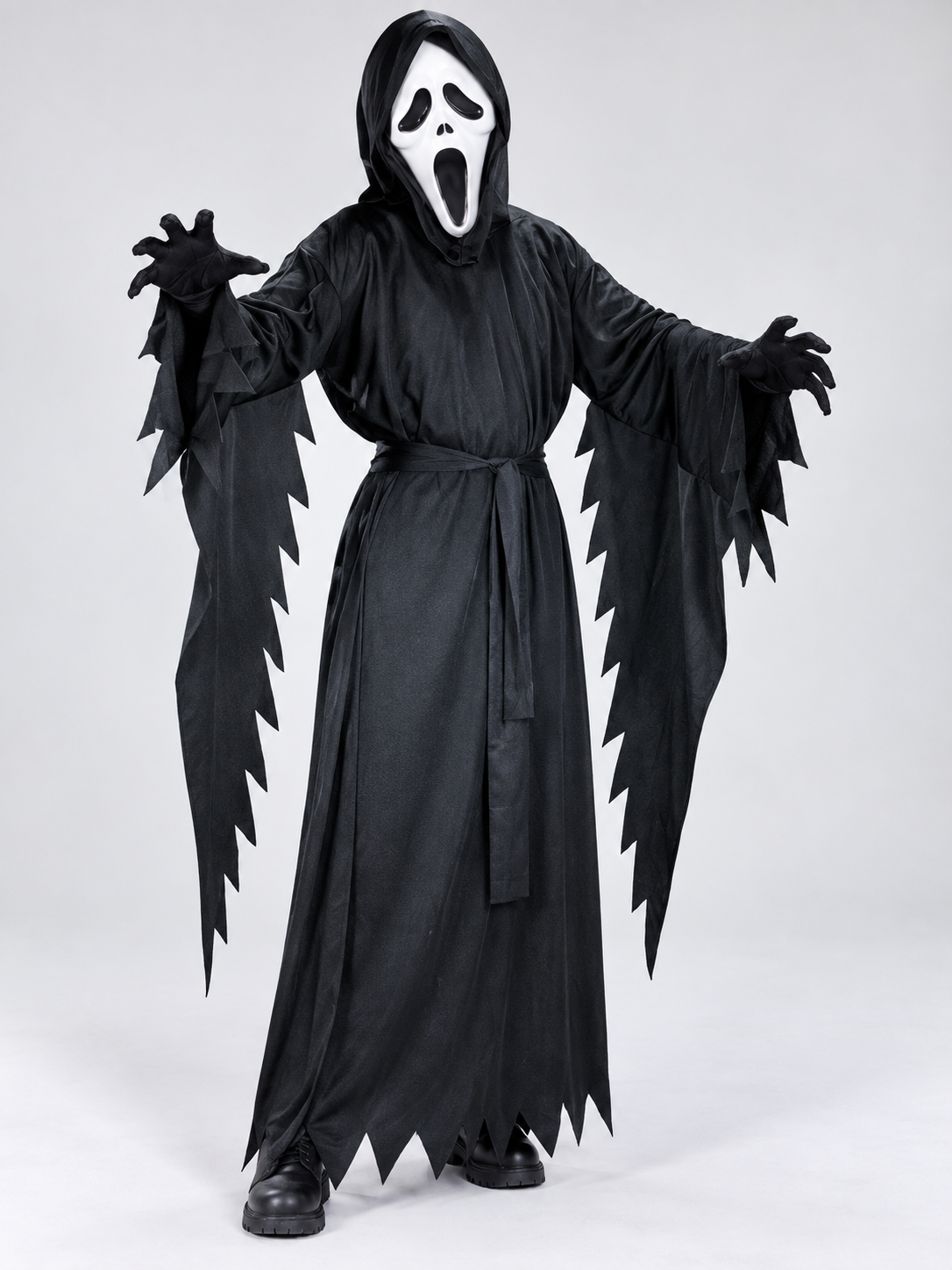 Ghost Halloween Costume: White Mask, Black Hooded Robe