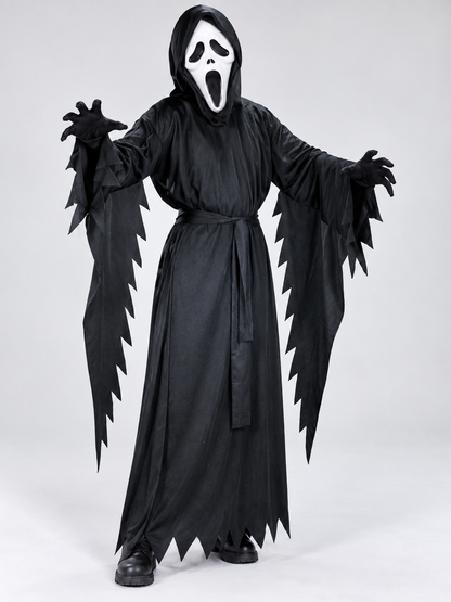 Ghost Halloween Costume: White Mask, Black Hooded Robe