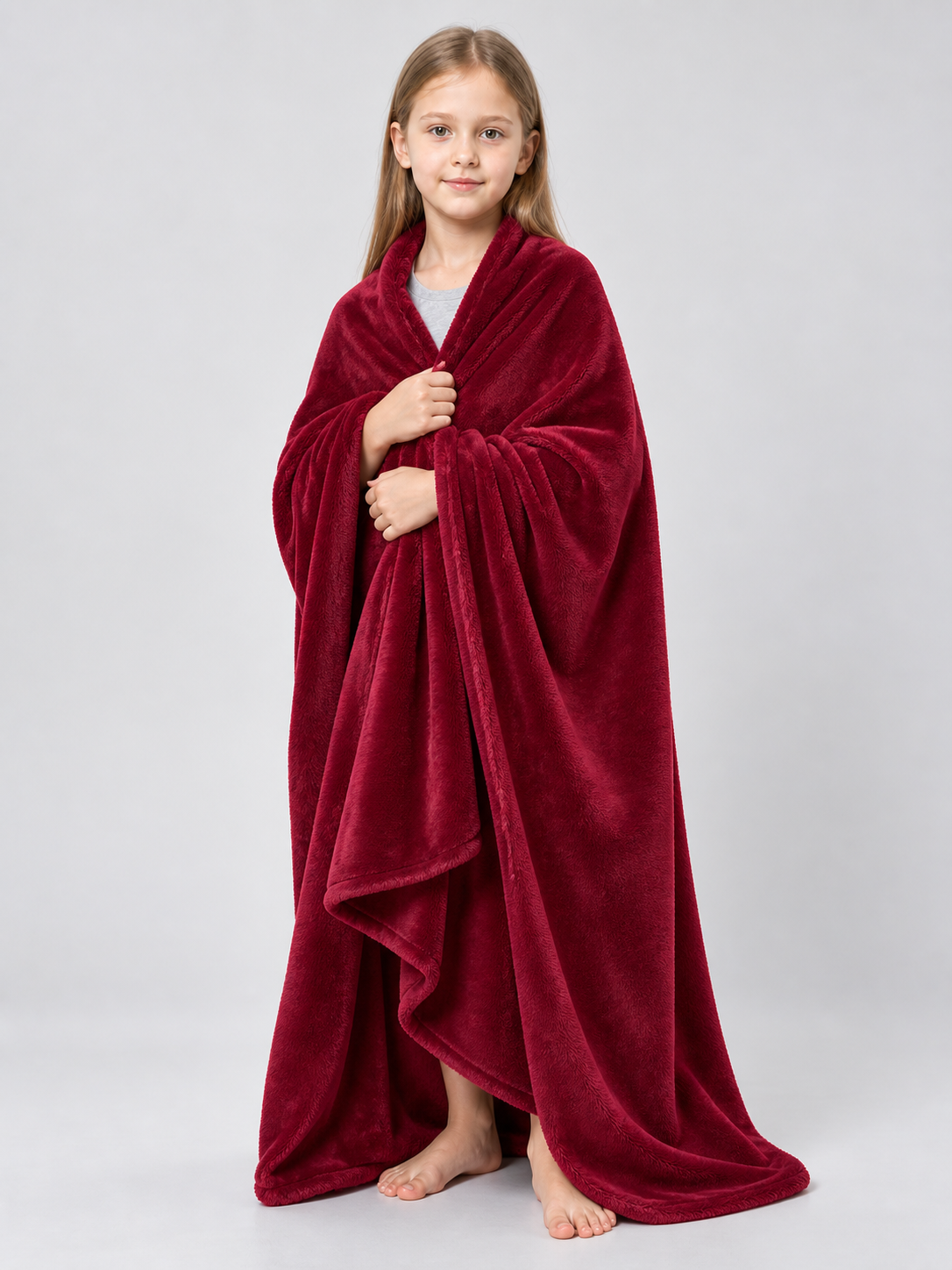 Burgundy-Red Fleece Blanket with a Fuzzy Surface