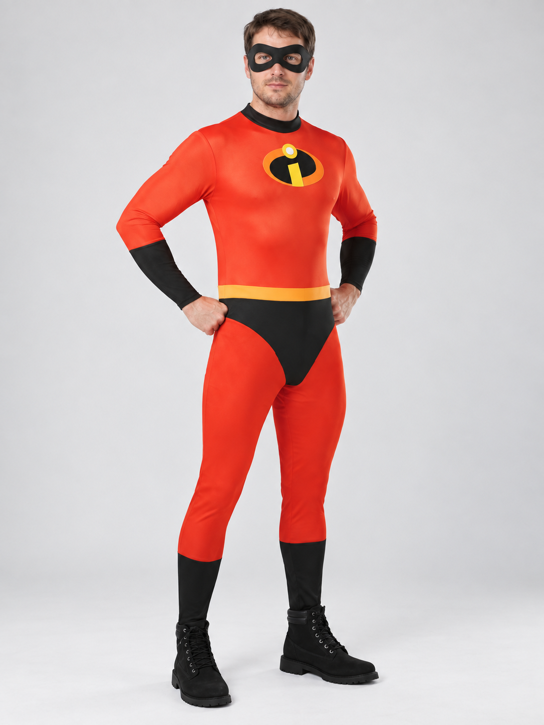 Red superhero costume with black inserts and a mask