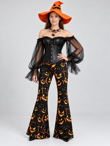 Witch Halloween Costume with Corset, Flared Pants, and Hat