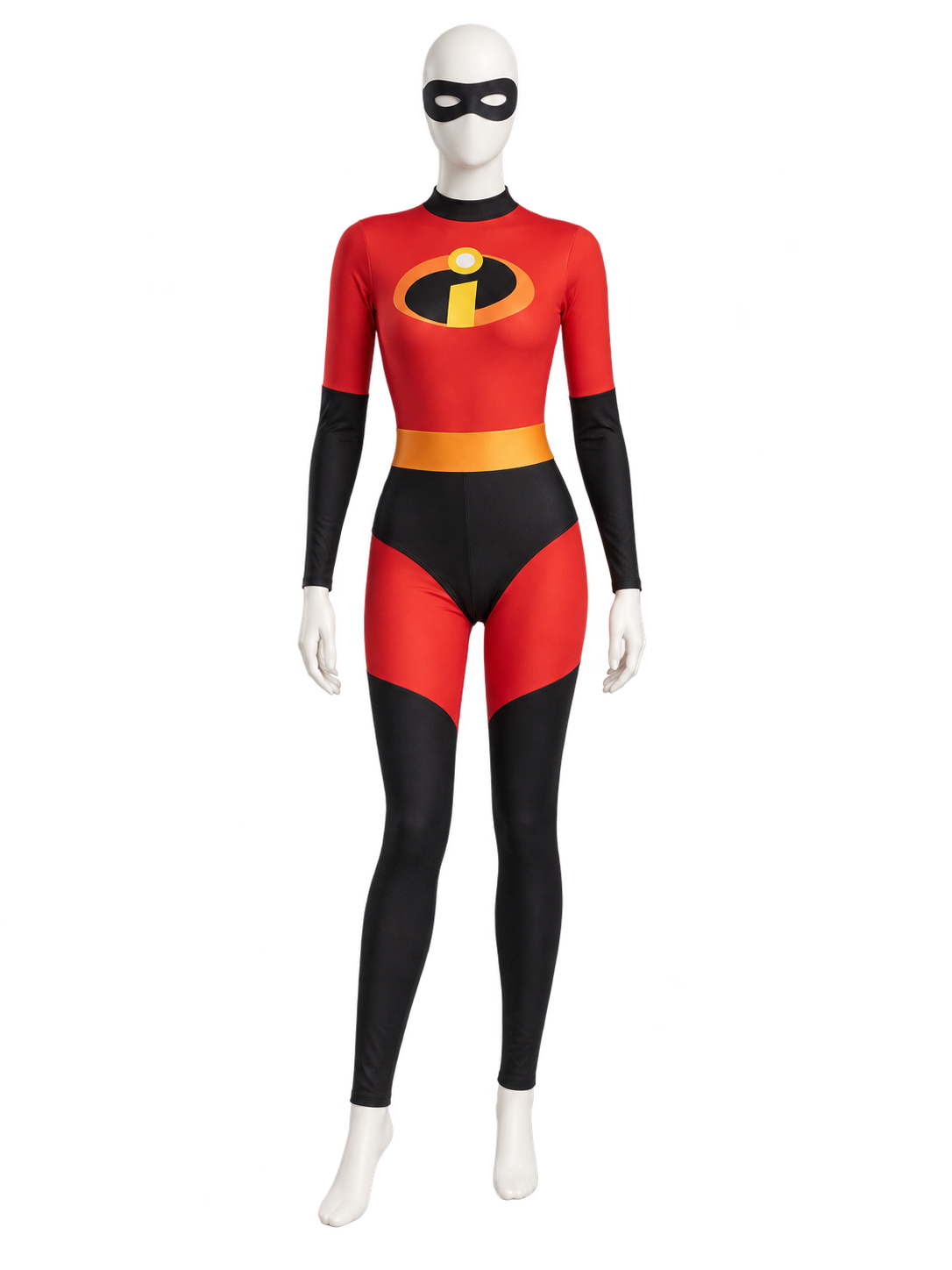 Red superhero costume with a yellow-orange belt and mask