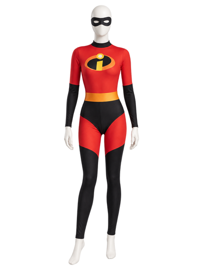 Red superhero costume with a yellow-orange belt and mask