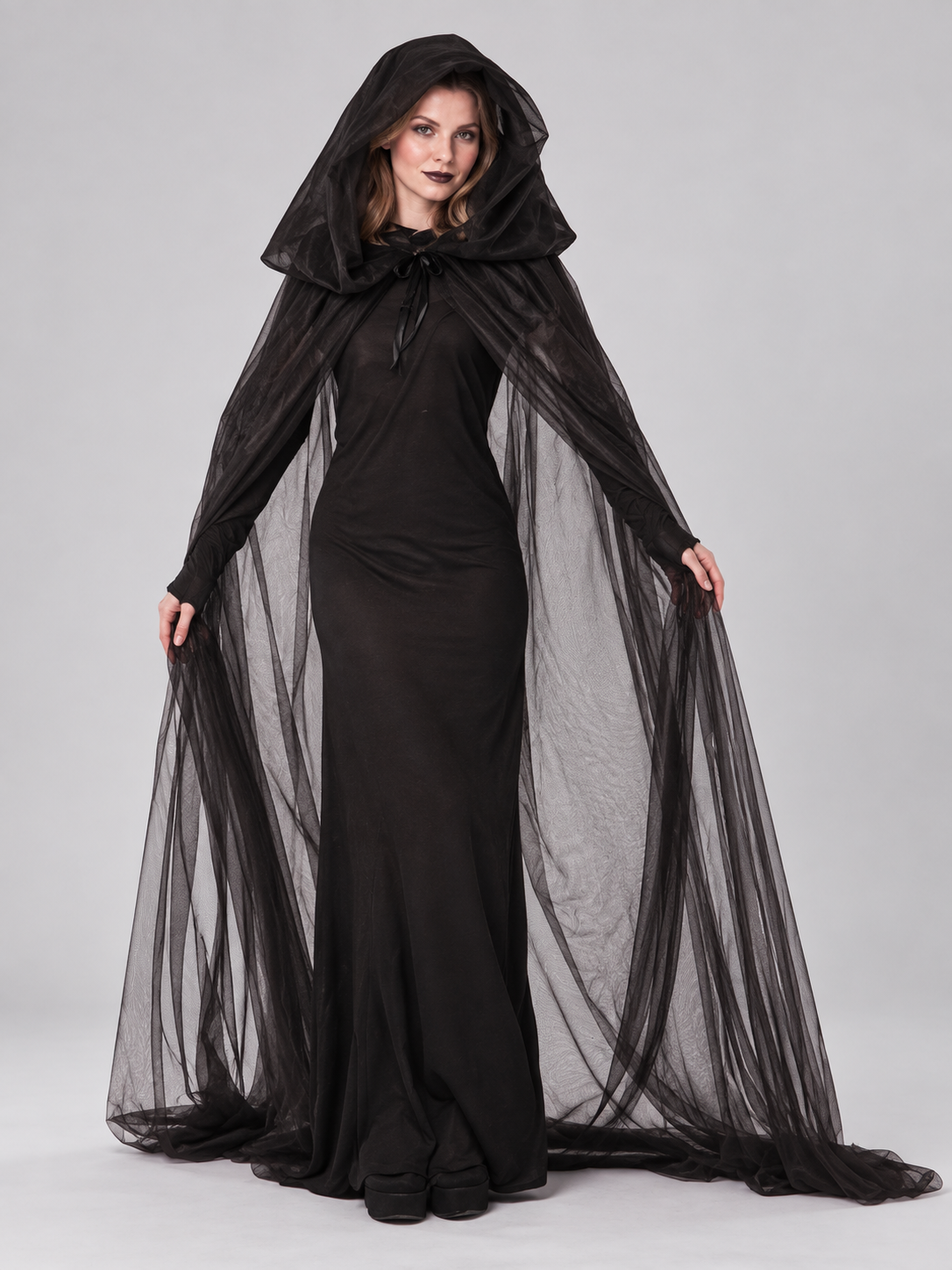 Vampire Halloween Costume with Hood and Mesh, Black