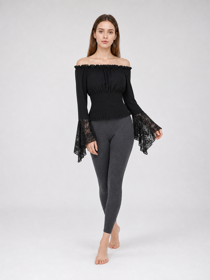 Black off-the-shoulder blouse with ruffles and long sleeves
