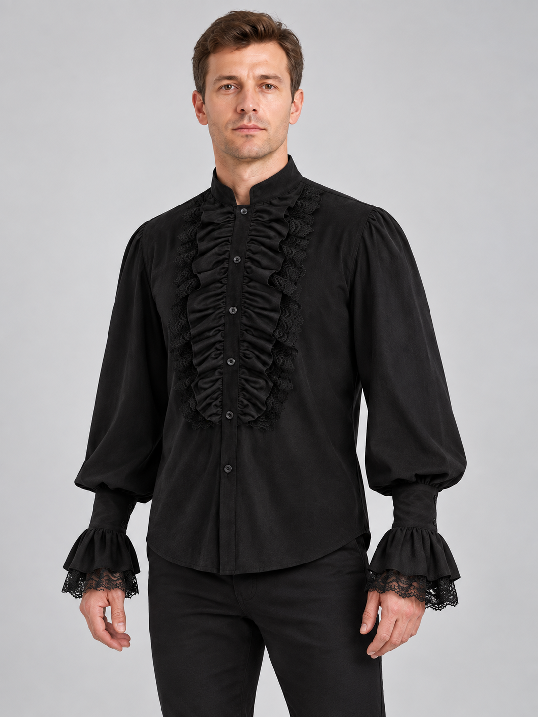 Black Renaissance-Style Shirt with Jabot and Lace