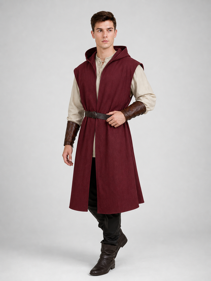 Medieval Fantasy Cosplay Costume Sleeveless Hooded Burgundy Robe Vest, Long Open Front Outer Garment for Role Play Stage Performance