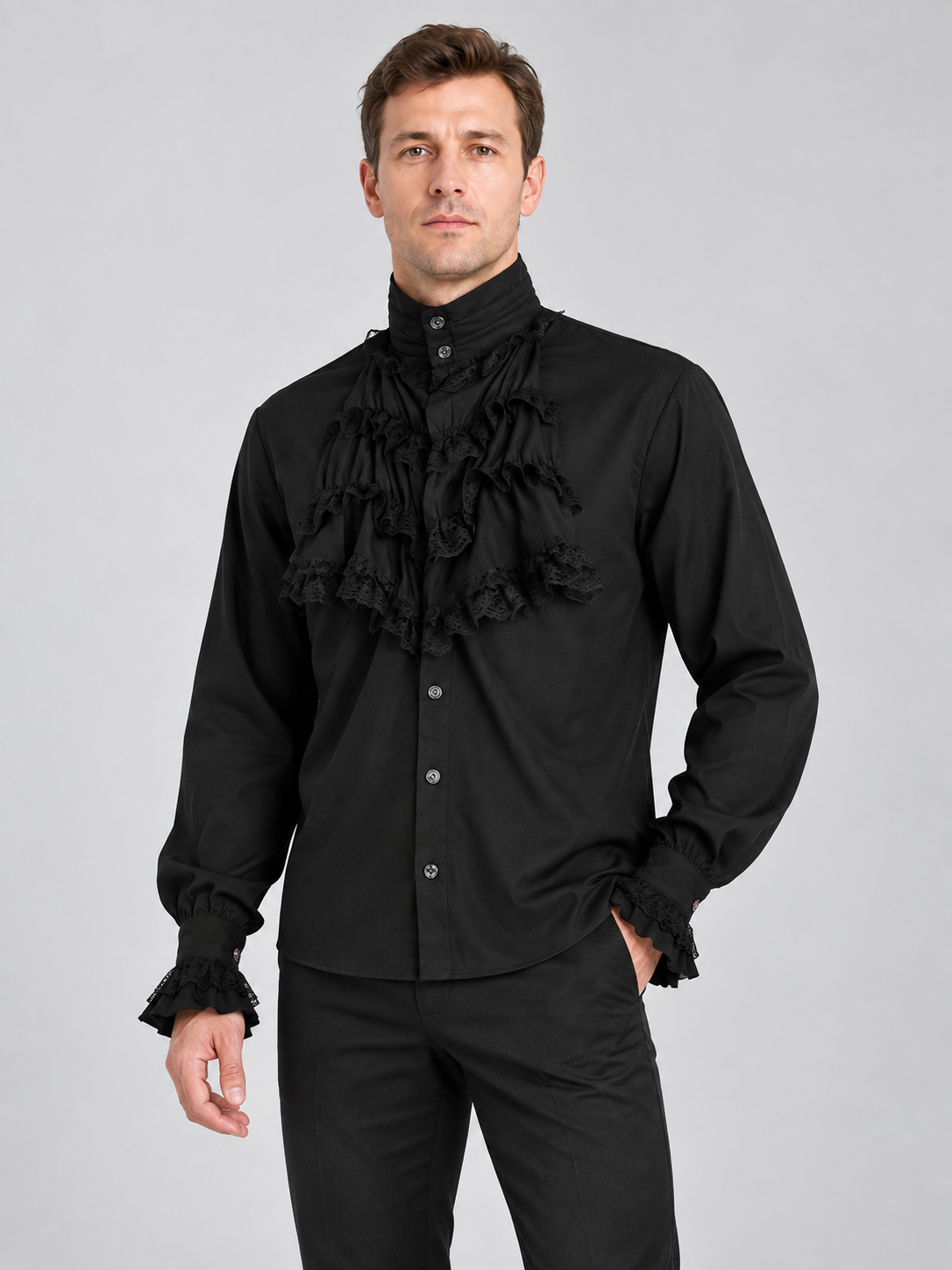 Black Gothic-Style Shirt with High Collar and Ruffles