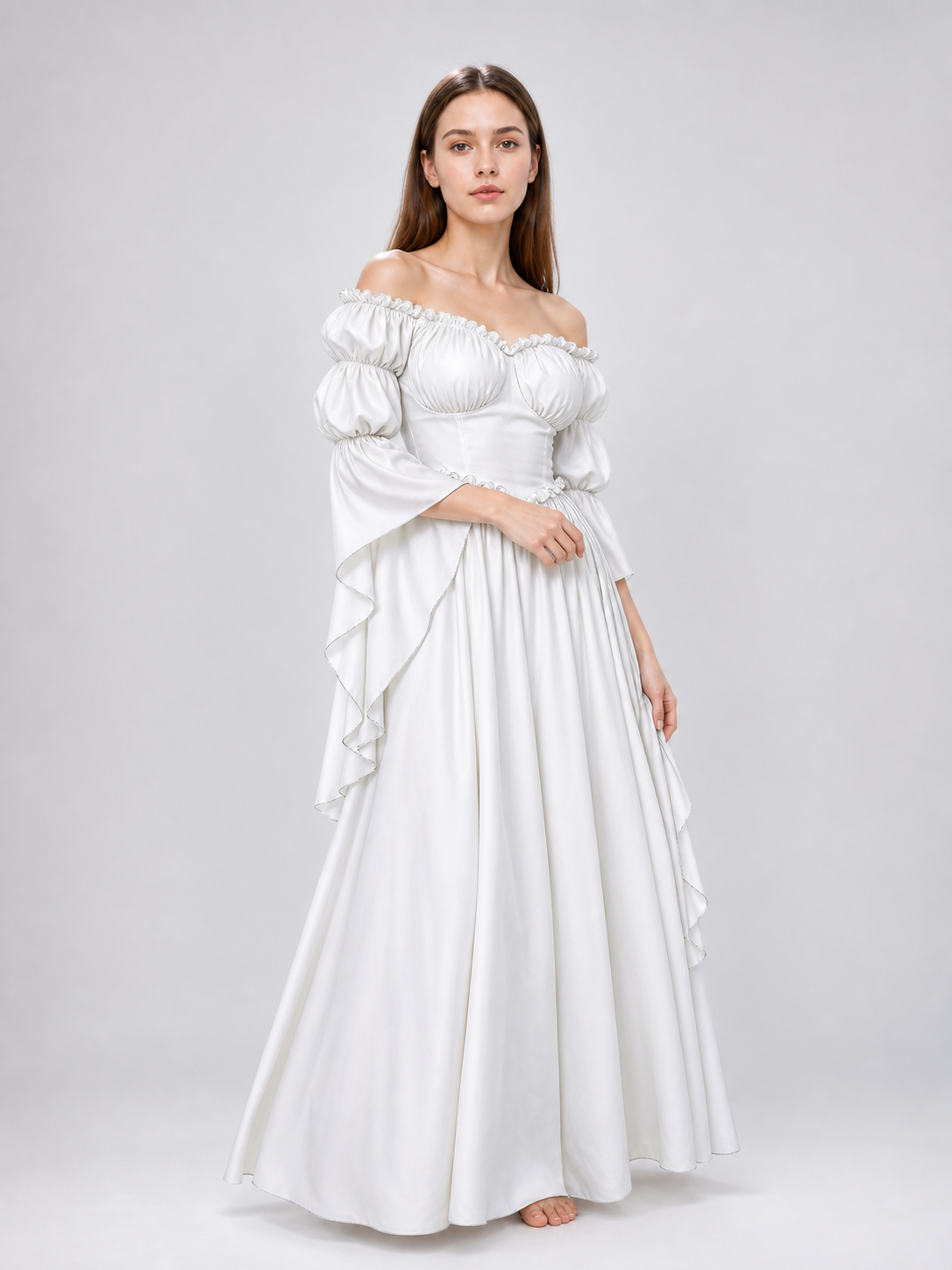 White vintage-style dress with puff sleeves