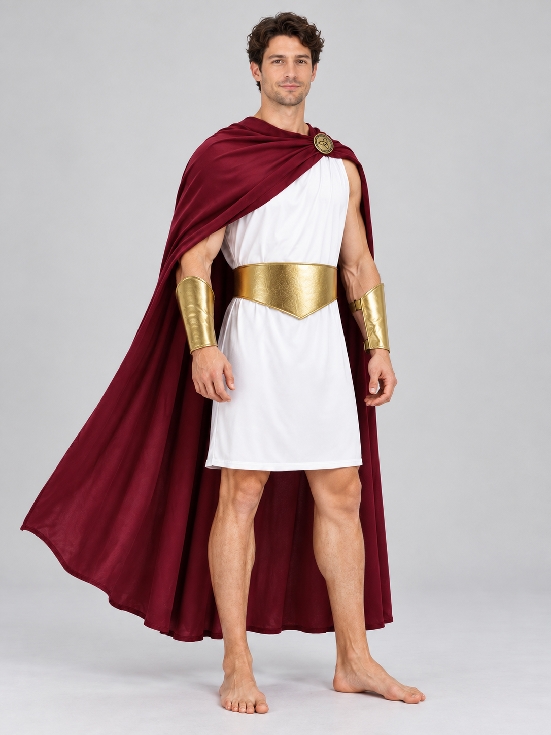 Ancient-style costume with a burgundy cloak and white tunic