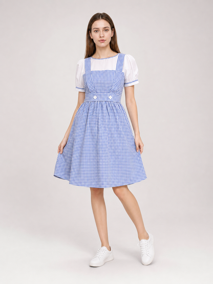 Blue-and-white plaid dress with puff sleeves