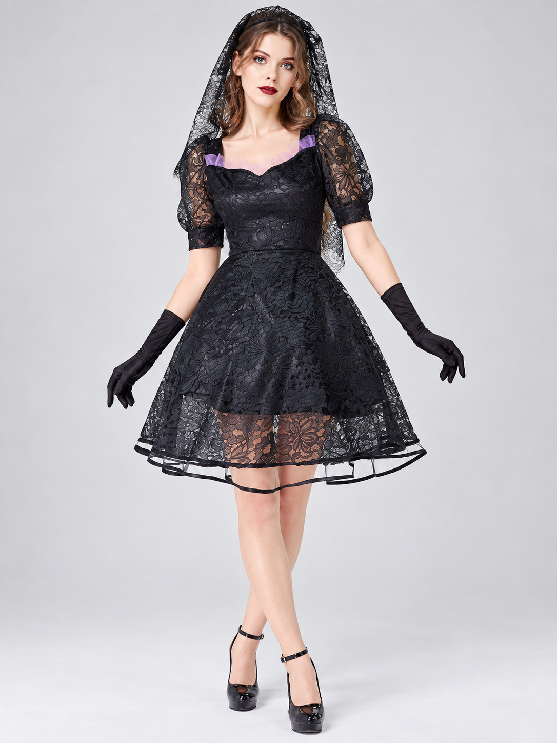 Vampire Costume: Black Dress, Veil, Gloves