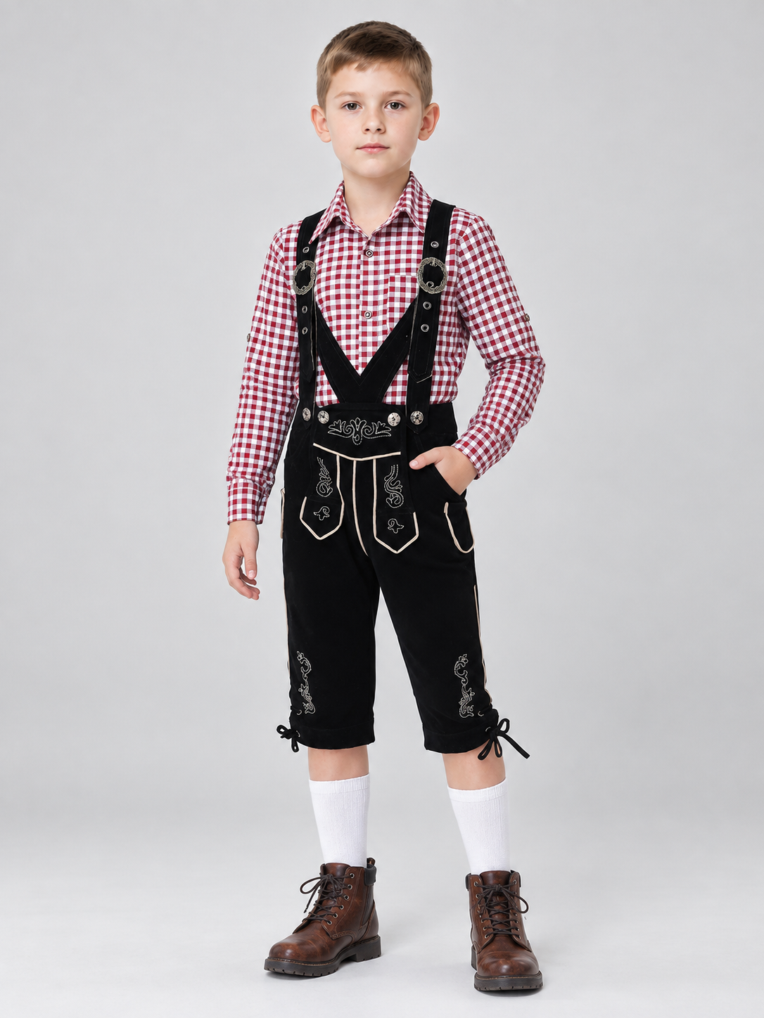 Kids' Black Suspender Pants with Embroidery
