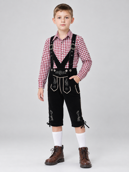 Kids' Black Suspender Pants with Embroidery