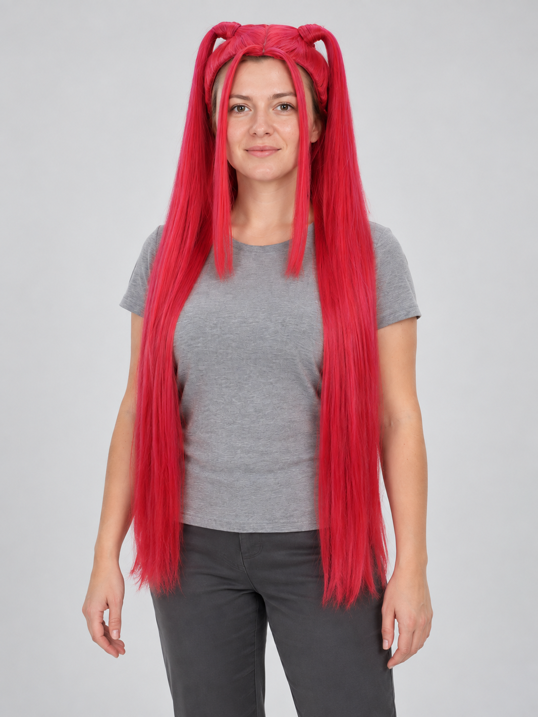 Bright Red Long Cosplay Wig with Bangs and Buns