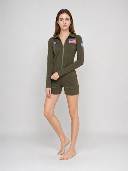 Olive Long-Sleeve Romper Shorts