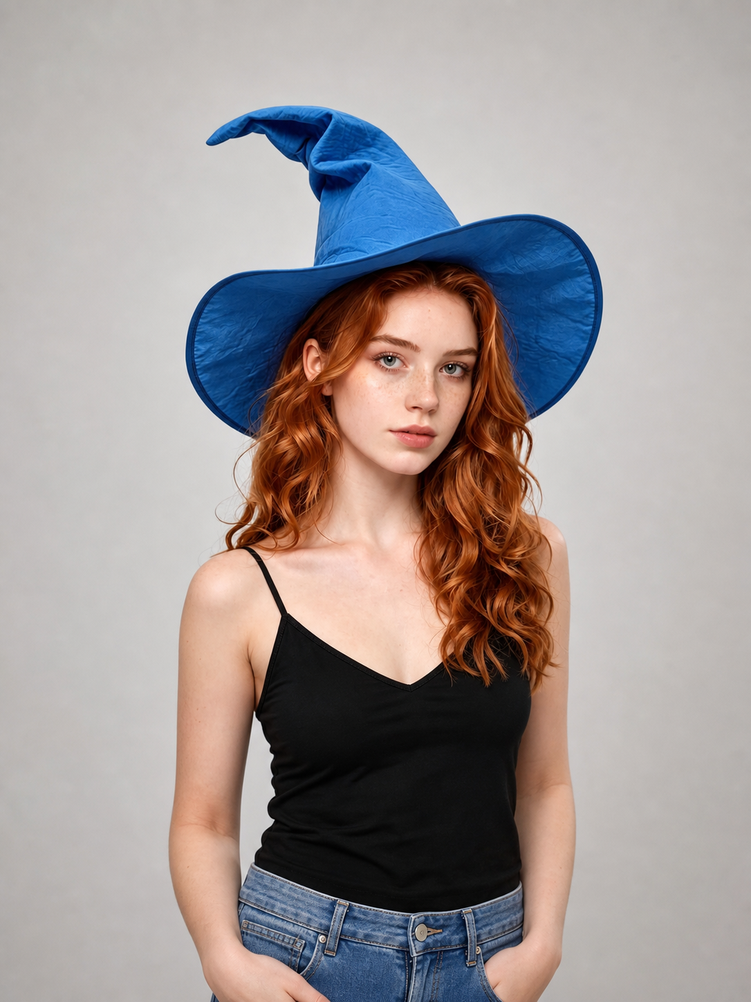 Blue Halloween Witch Hat, Wide Brim Curved Pointed Cap with Black Chin Strap on-model front view 2
