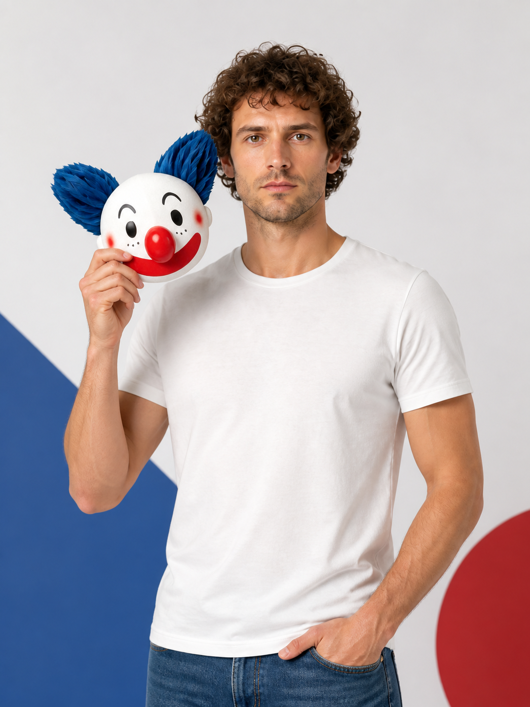 Carnival clown mask with a red nose and blue hair Costume Masks detail