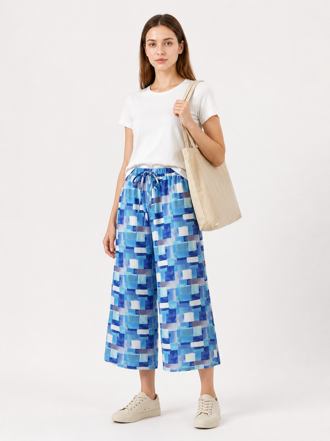 Blue and White Palazzo Pants with Geometric Print product detail