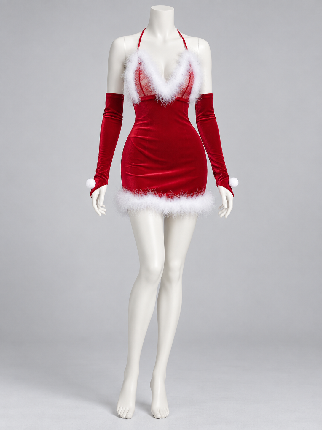 Red carnival dress with white faux fur trim