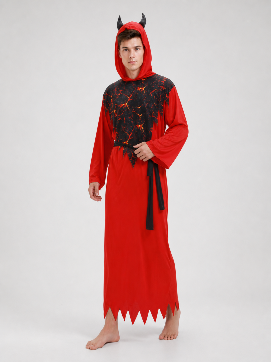 Hooded Devil Costume with Belt and Ragged Hem