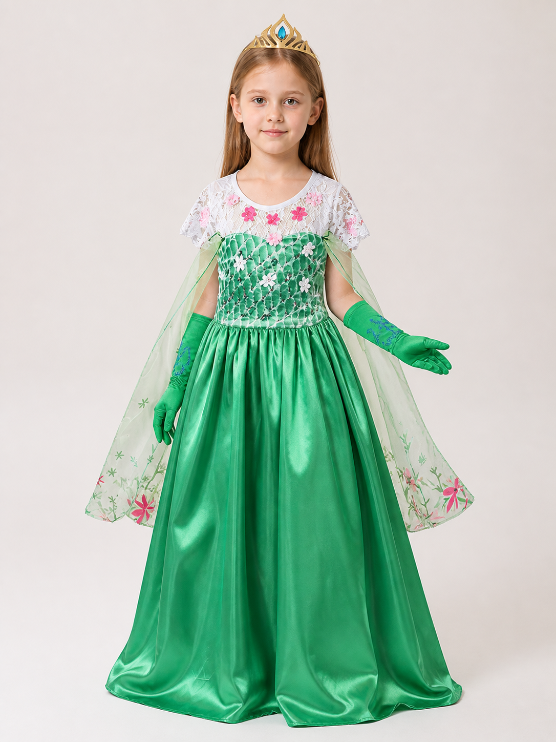 Carnival Costume with Green Dress, Crown, and Gloves
