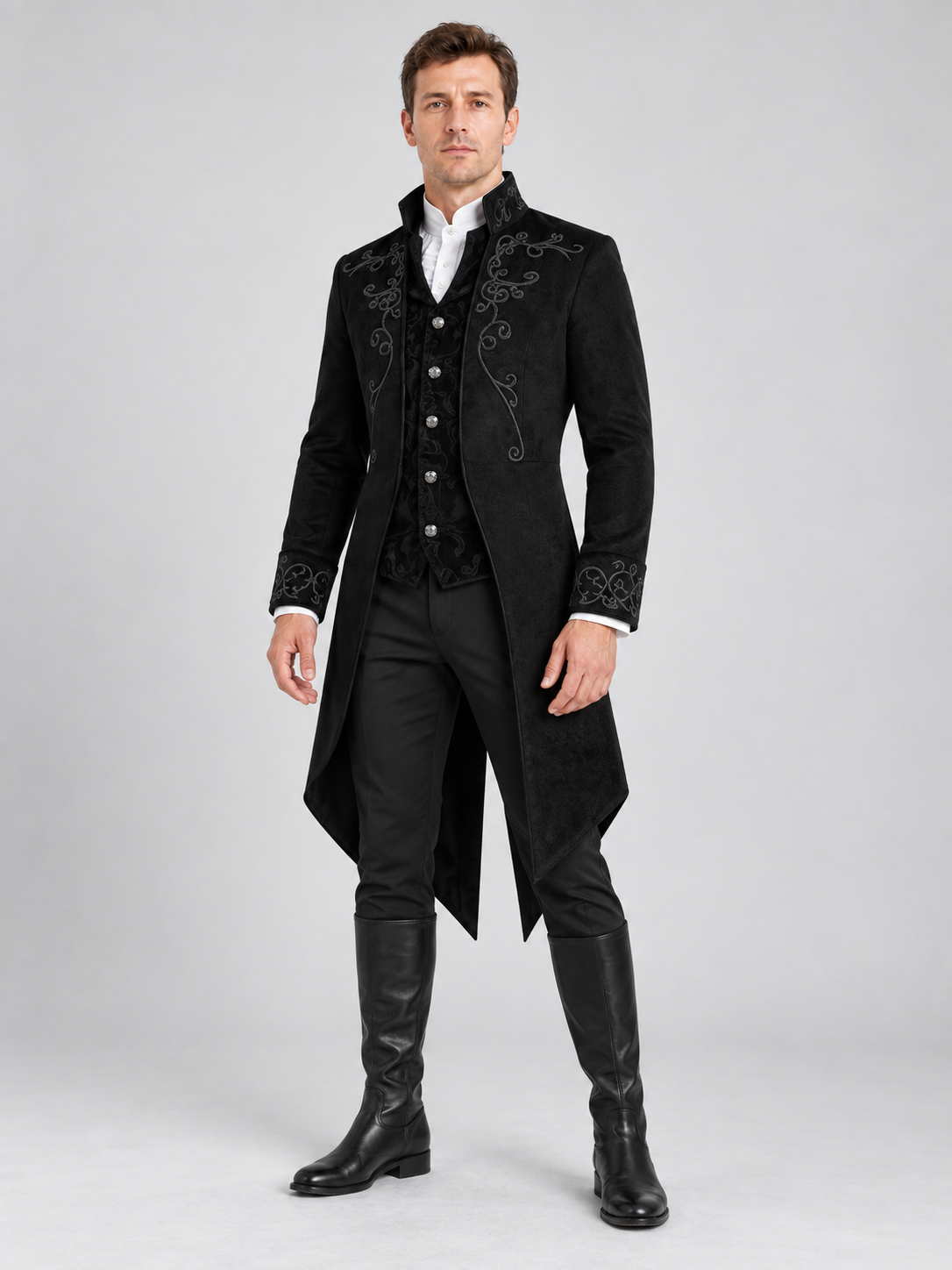 Long Black Tailcoat with High Collar and Embroidery