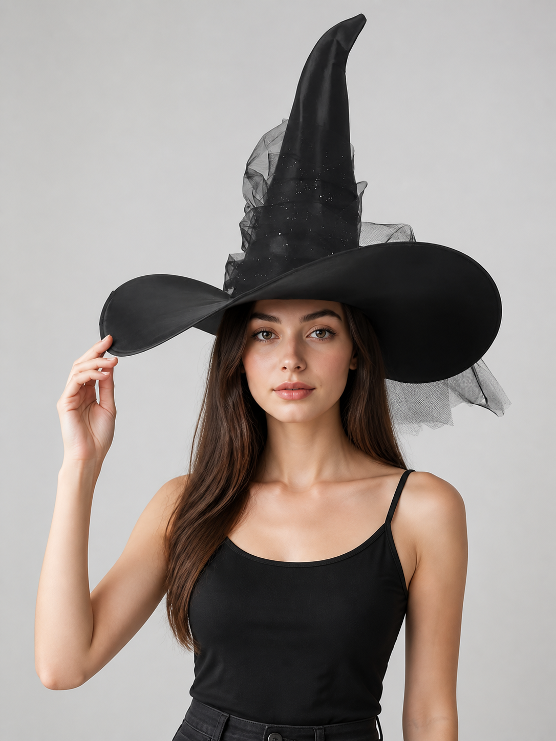 1pc Black Halloween Witch Hat Wide Brim Tall Pointed Wizard Cap with Mesh on-model front view 2