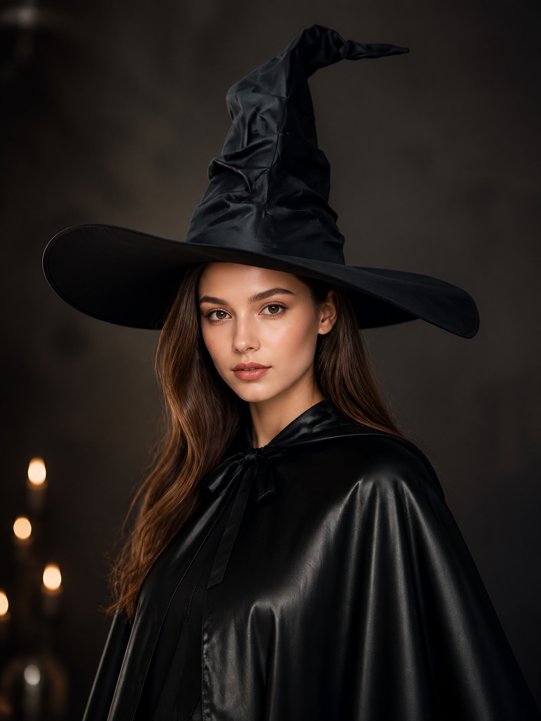 Black Halloween Witch Hat Wide Brim Pointed Wizard Hat Ruched Asymmetrical Brim on-model front view 2