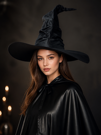 Black Halloween Witch Hat Wide Brim Pointed Wizard Hat Ruched Asymmetrical Brim on-model front view 2