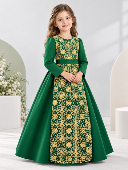 Dark Green Floor-Length Formal Dress for Girls with Bow