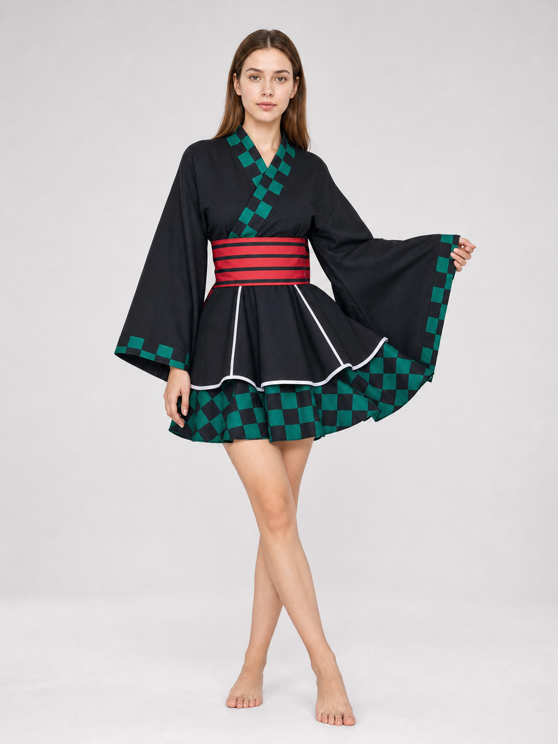 Tanjiro Cosplay Dress, Black with Green Plaid