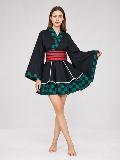 Tanjiro Cosplay Dress, Black with Green Plaid