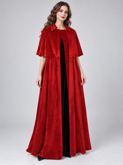 Long Red Velvet Cloak-Cape with Fastener