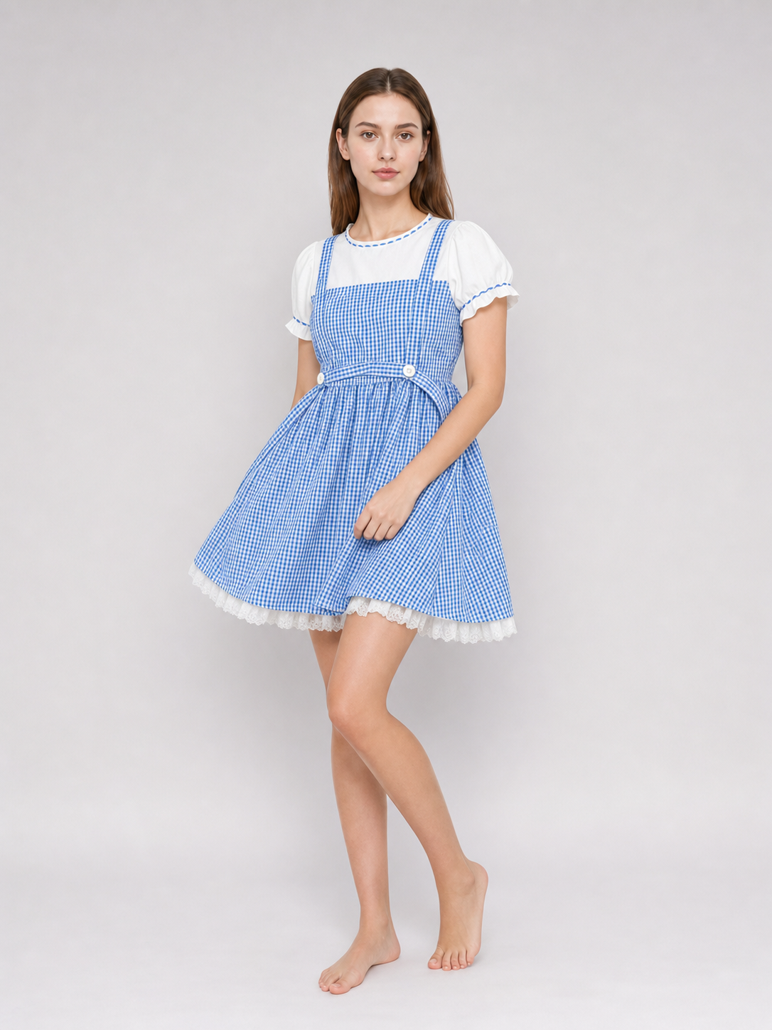 Blue and White Plaid Dress Set with Accessories