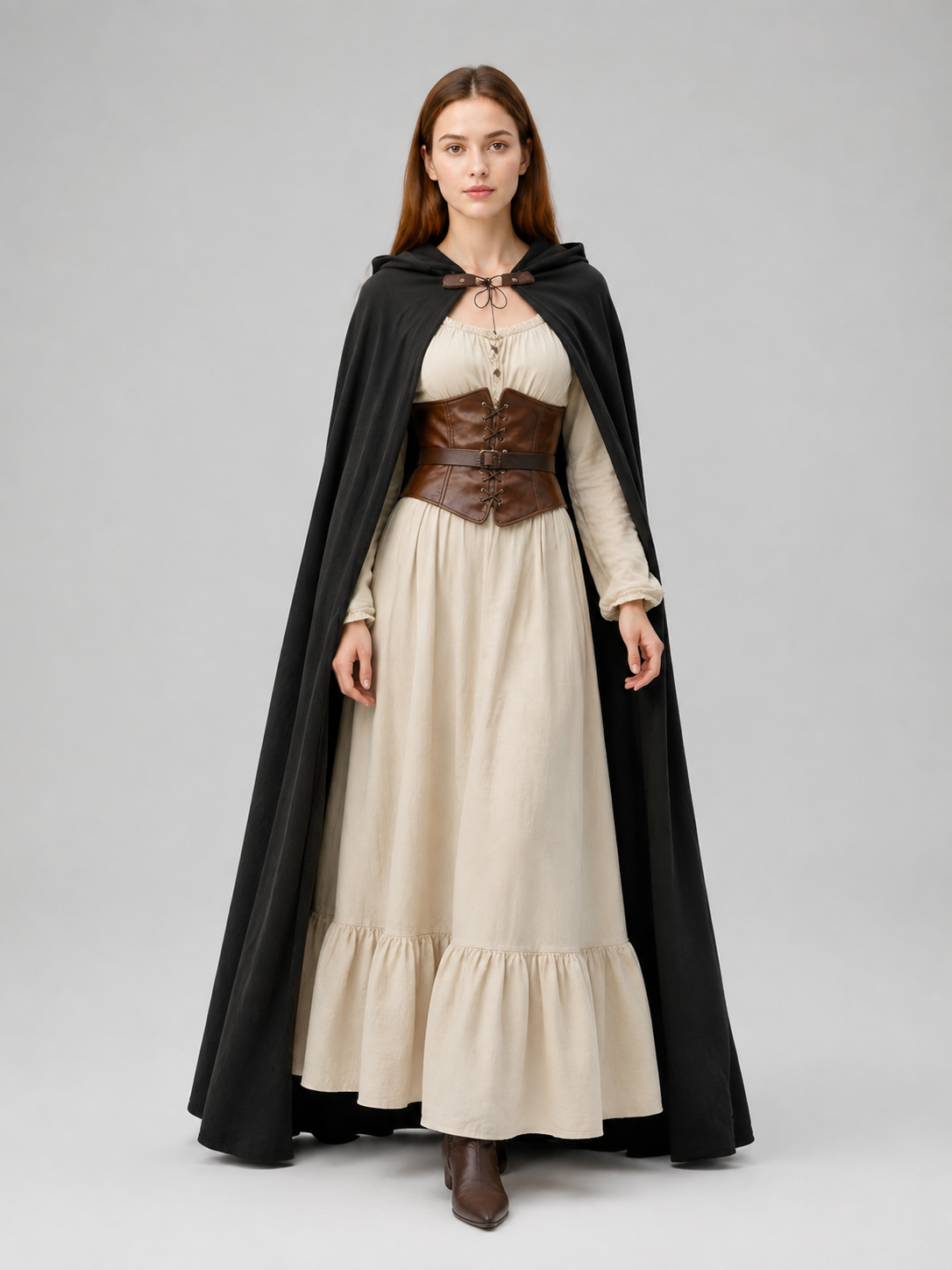 Long Black Hooded Cloak with a Loose Fit Costume Capes detail