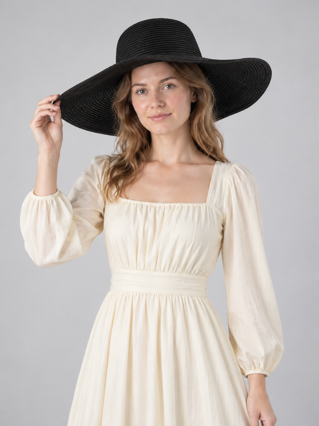 Wide-Brim Black Hat with Wavy Brim