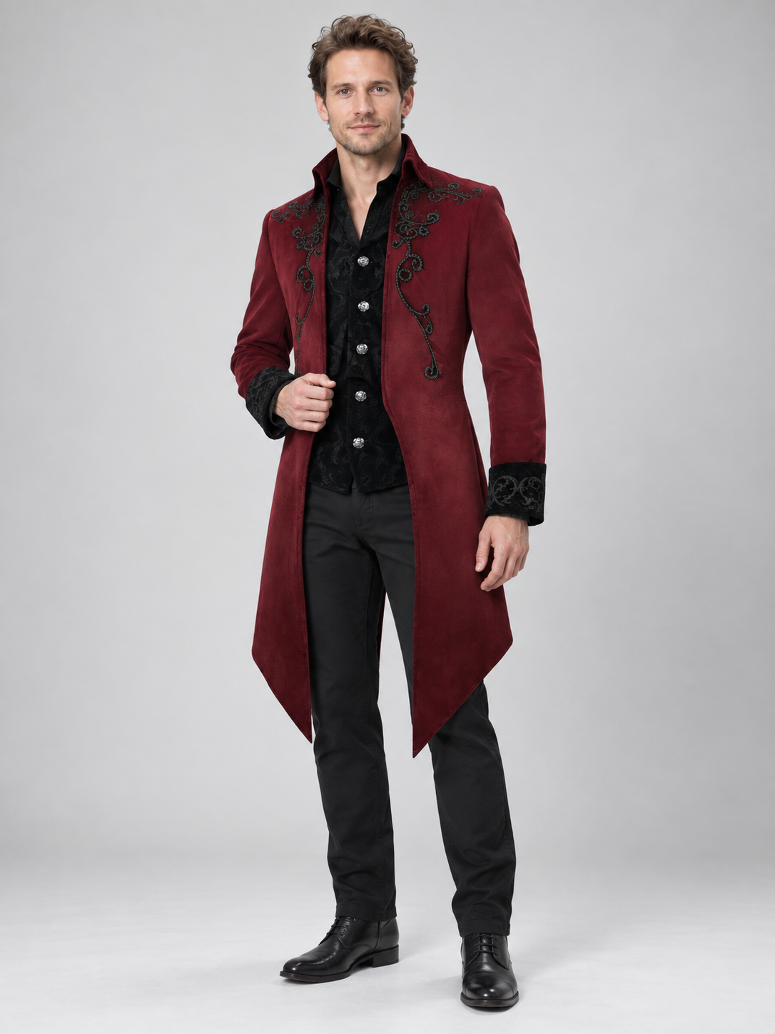 Burgundy Suede Tailcoat with Black Embroidery