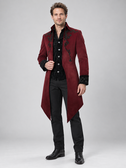 Burgundy Suede Tailcoat with Black Embroidery