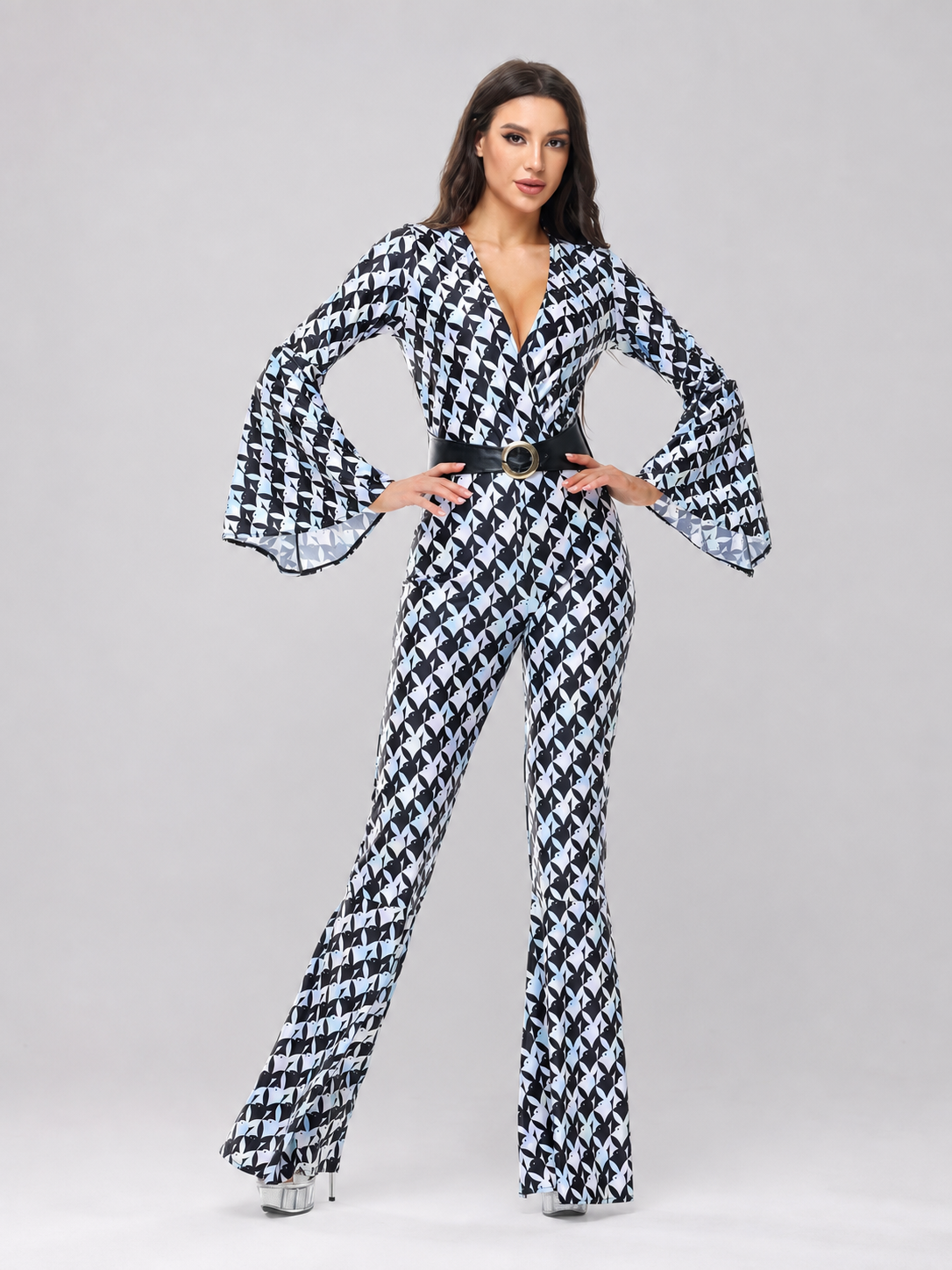 Retro Flared Jumpsuit with Geometric Print