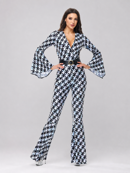 Retro Flared Jumpsuit with Geometric Print