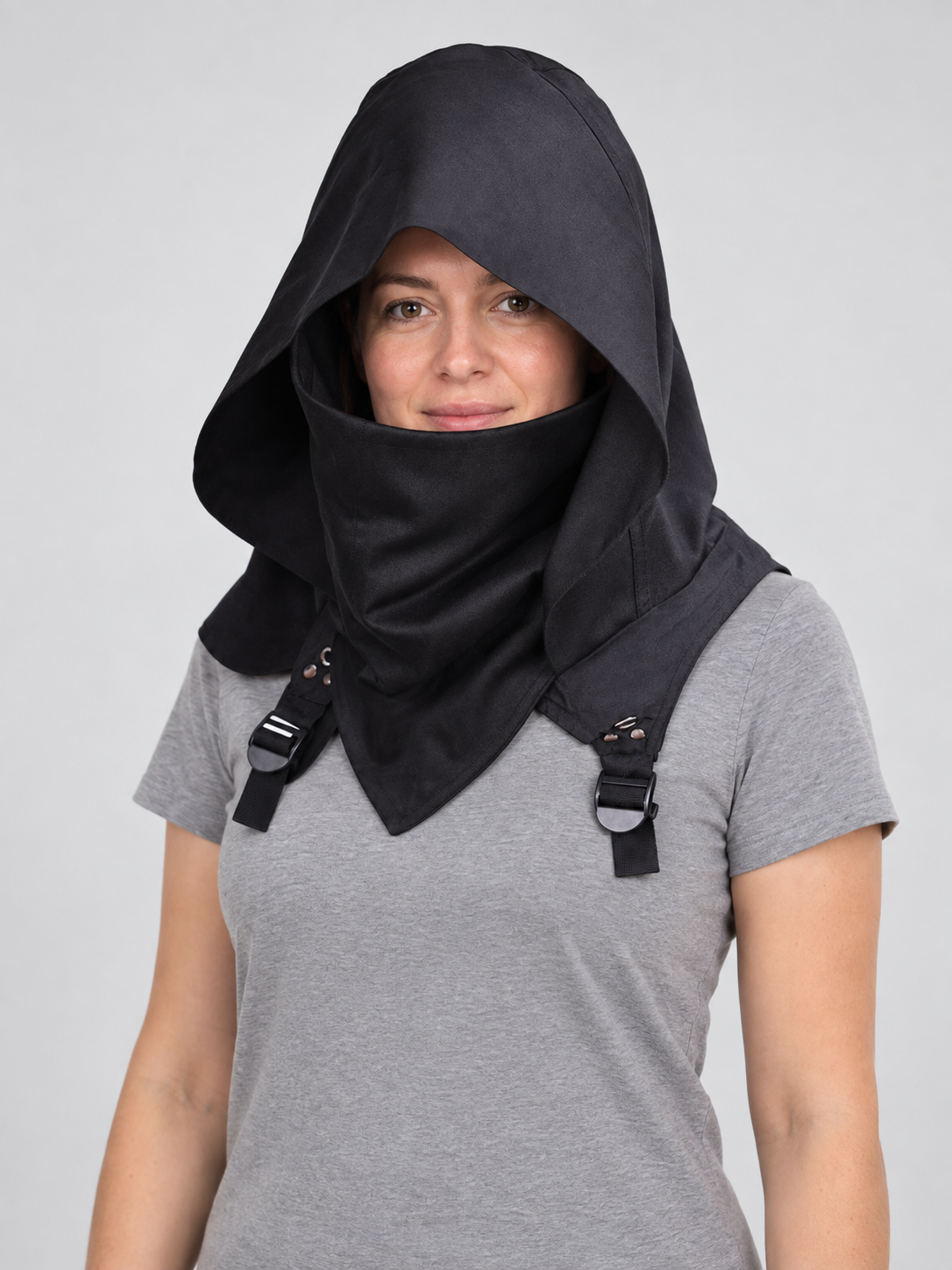Black hood-mask made of suit fabric with a cutout