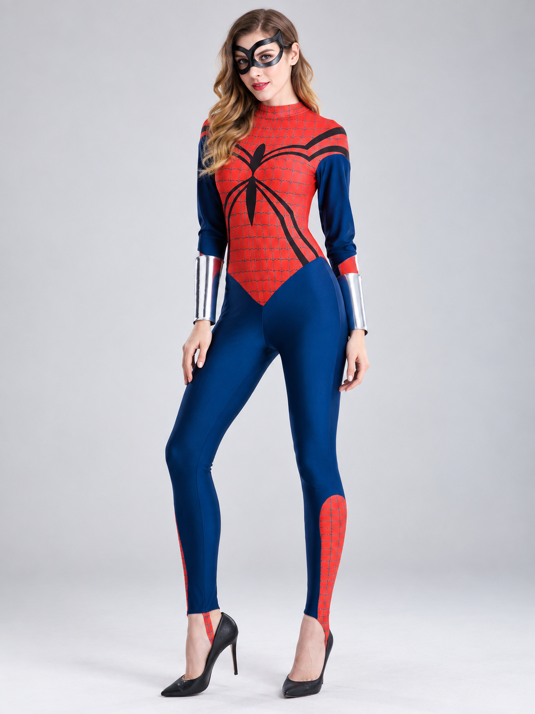 Adult superhero costume with web pattern and mask